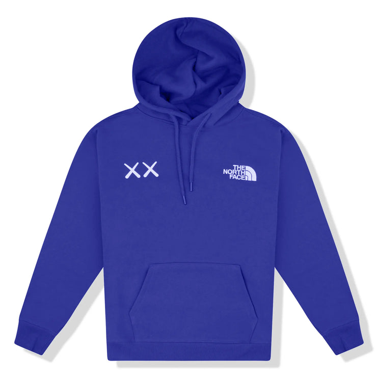 Front view of Kaws x The North Face Popover Bolt Blue Hoodie