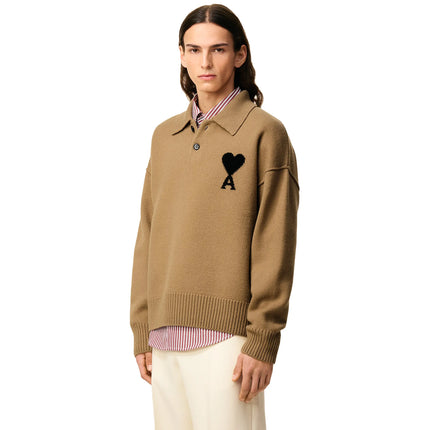 Front Side View of Ami Paris ADC Knitted Tan Polo Sweatshirt  UPL409-018-288
