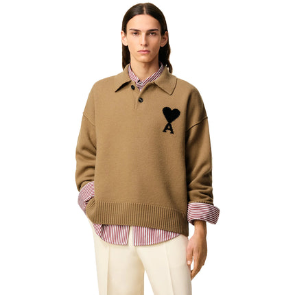 Front View of Ami Paris ADC Knitted Tan Polo Sweatshirt  UPL409-018-288