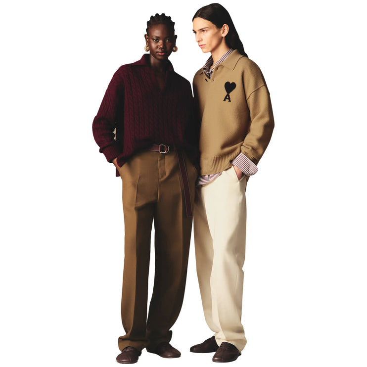 Model View of Ami Paris ADC Knitted Tan Polo Sweatshirt  UPL409-018-288