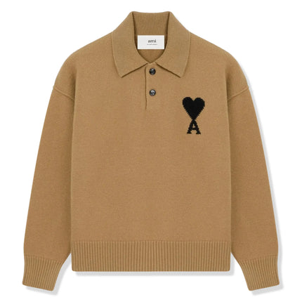 Front View of Ami Paris ADC Knitted Tan Polo Sweatshirt  UPL409-018-288