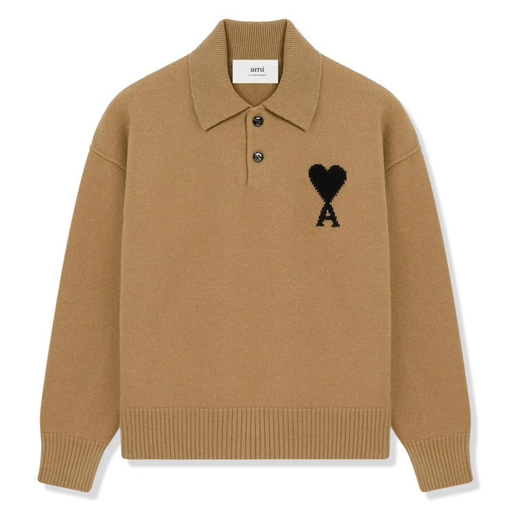 Front View of Ami Paris ADC Knitted Tan Polo Sweatshirt  UPL409-018-288