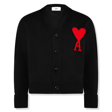 Front view of Ami Paris Ami De Coeur Black Red Cardigan