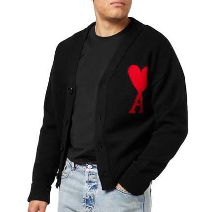 Model front view of Ami Paris Ami De Coeur Black Red Cardigan