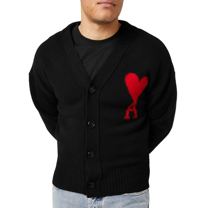 Model front view of Ami Paris Ami De Coeur Black Red Cardigan
