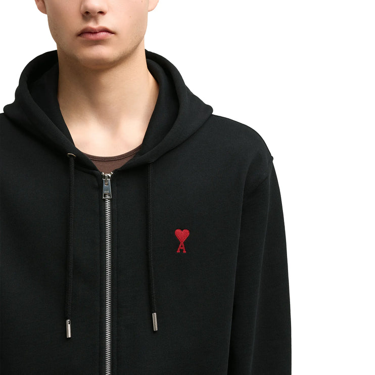 Model detail view of Ami Paris Ami De Coeur Cotton Black Zip-Up Hoodie USW415747001