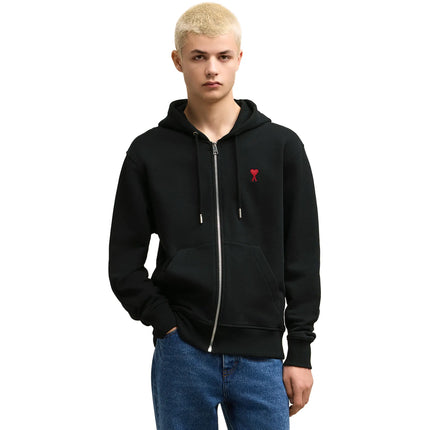 Model front view of Ami Paris Ami De Coeur Cotton Black Zip-Up Hoodie USW415747001