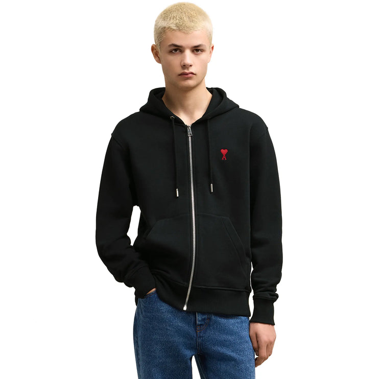 Model front view of Ami Paris Ami De Coeur Cotton Black Zip-Up Hoodie USW415747001
