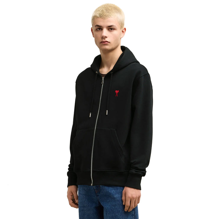Model side view of Ami Paris Ami De Coeur Cotton Black Zip-Up Hoodie USW415747001