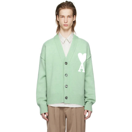 Model front view of Ami Paris Ami De Coeur Green Cardigan