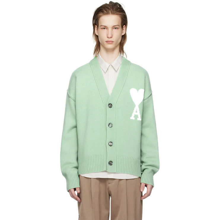 Model front view of Ami Paris Ami De Coeur Green Cardigan