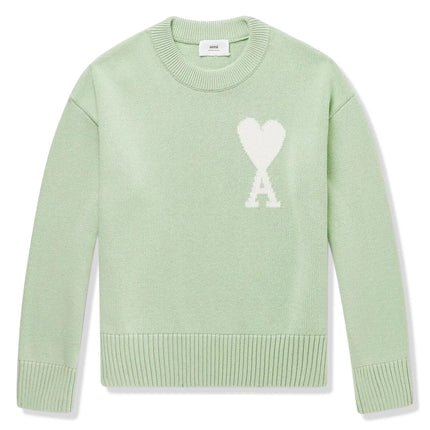 Front view of Ami Paris Red Ami De Coeur Logo Intarsia Off Green Sweatshirt