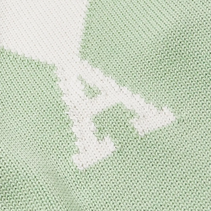 Detail view of Ami Paris Red Ami De Coeur Logo Intarsia Off Green Sweatshirt