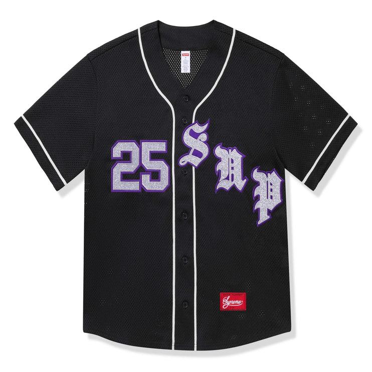 Front view of Supreme Old English Black Baseball Jersey