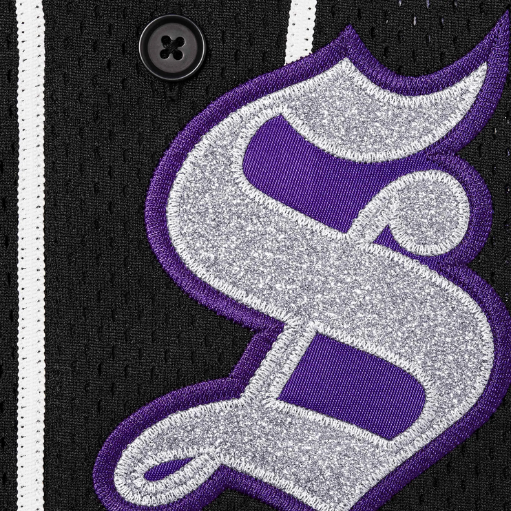 Close up of Supreme Old English Black Baseball Jersey