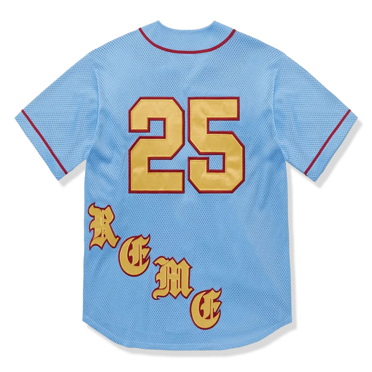 Back view of Supreme Old English Blue Baseball Jersey