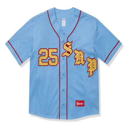 Front view of Supreme Old English Blue Baseball Jersey