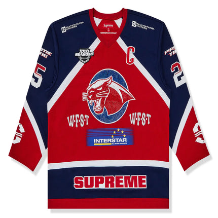 Front View of Supreme Rhinestone Hockey Red Jersey SS25KN29-RED