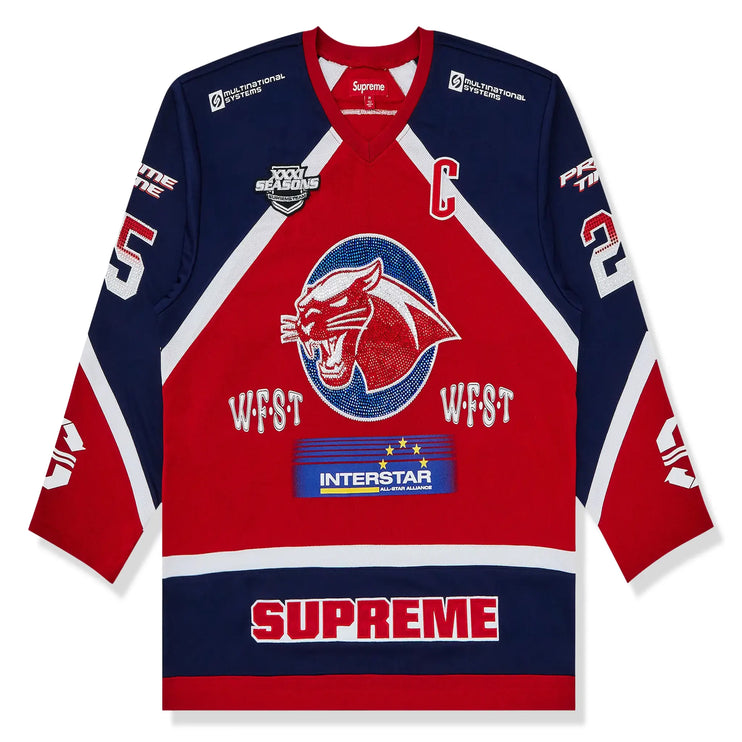 Front View of Supreme Rhinestone Hockey Red Jersey SS25KN29-RED