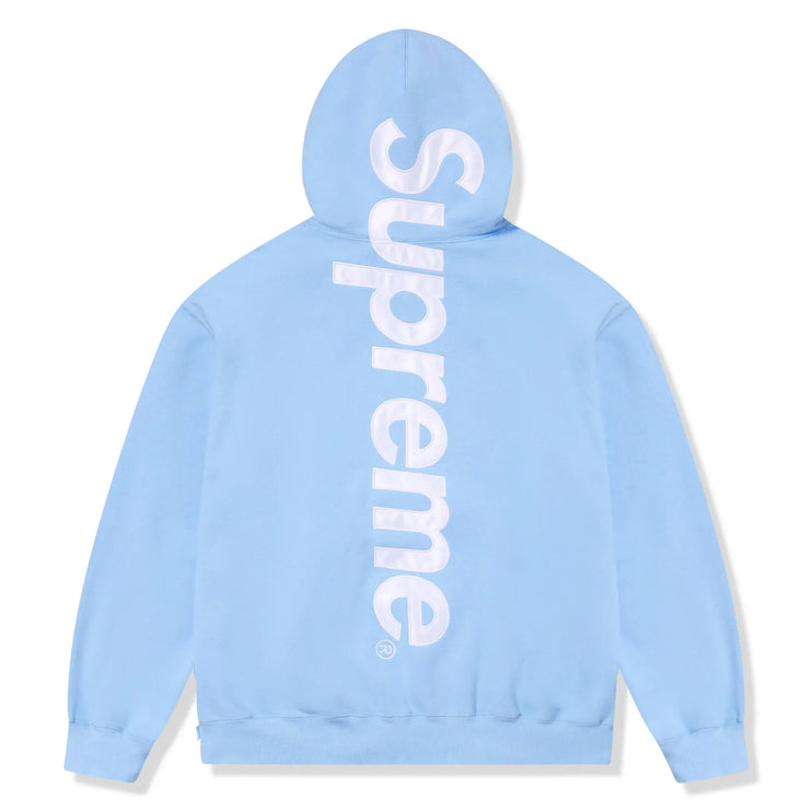 Back view of Supreme Satin Applique Light Blue Hoodie FW24SW37 LIGHT BLUE