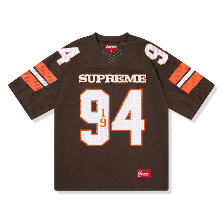 Front View of Supreme Sequin Brown Football Jersey (FW25) FW25KN22-BROWN