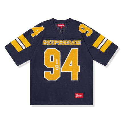 Front View of Supreme Sequin Navy Football Jersey (FW25) FW25KN22-NAVY