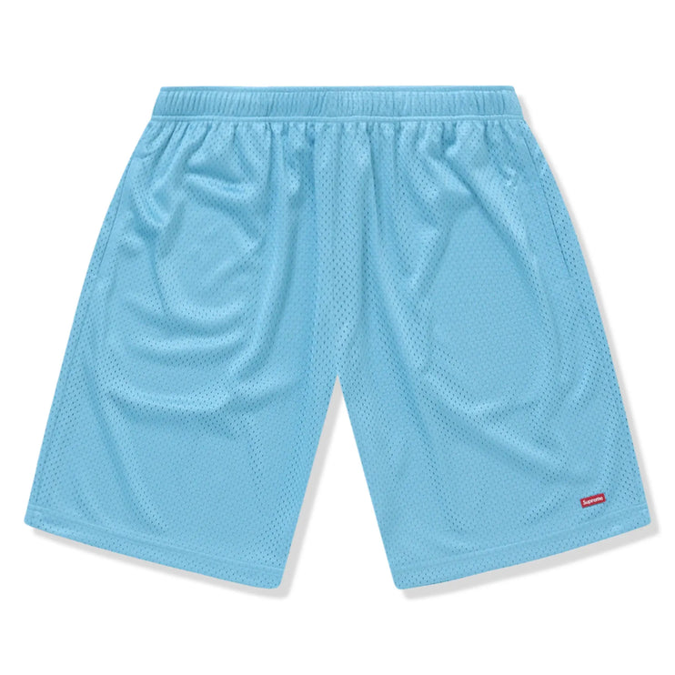 Front View of Supreme Small Box Baggy Mesh Light Blue Shorts (SS25) SS25SH18-CYAN