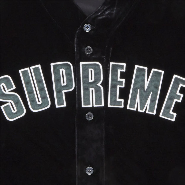 Detailed Logo View of Supreme Velvet Black Baseball Jersey SS25KN69 BLACK