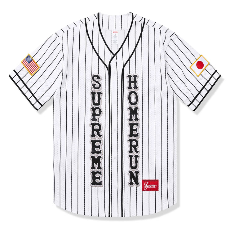 Front View of Supreme x Homerun White Stripe Baseball Jersey SS25KN70-STRIPE